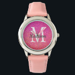 Montre Parties scintillant rose Étincelle Nom du monogram<br><div class="desc">Monogramme de Parties scintillant rose Nom Monogramme Monographie Conçu avec un arrière - plan de parties scintillant en faux rose et or assez brillant et un monogramme blanc au centre. Personnalisé avec le nom en écriture de script de calligraphie grise. Fabrique une idée de cadeau pour une fille qui aime...</div>