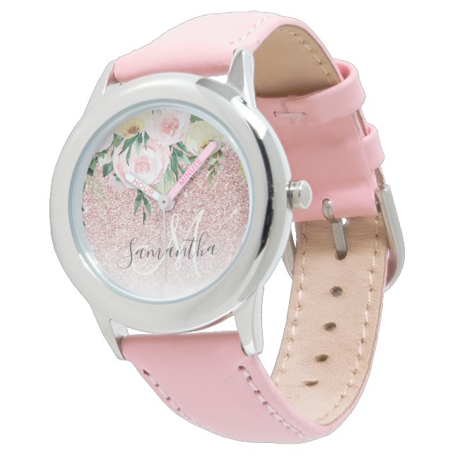 Montre Parties scintillant rose moderne & Fleurs Étincell (Incliné)