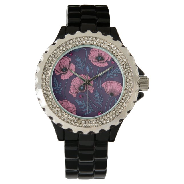 Montre Pavot rose sur violet foncé (devant)