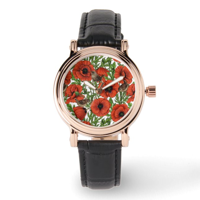 Montre Pavot rouge et brindilles, feuilles verts sur blan (Recto)