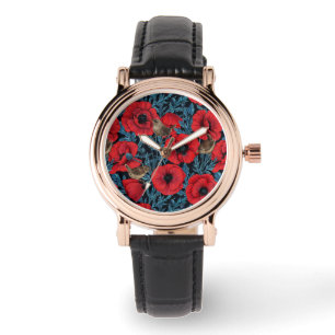 Montre Pavot rouge et brunes, feuilles bleus sur noir