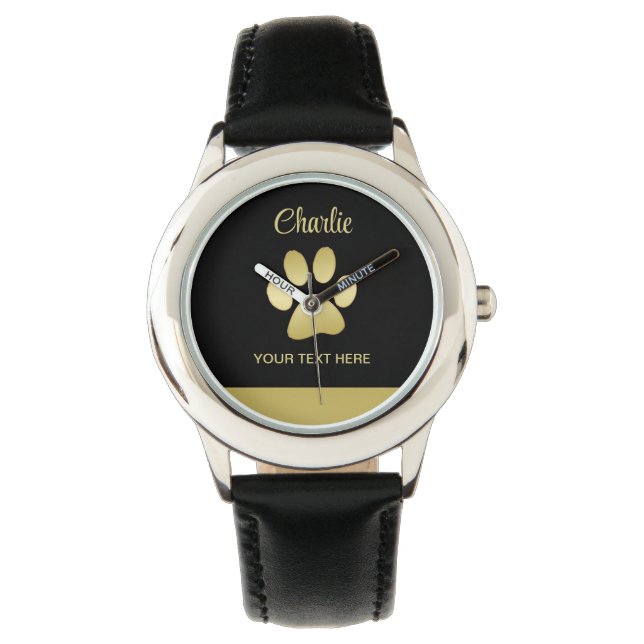 Montre Paw chien brillant or sur arrière - plan noir (devant)