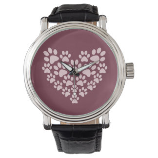 Montre Pawprint Heart Vintage bracelet en cuir Black Watc