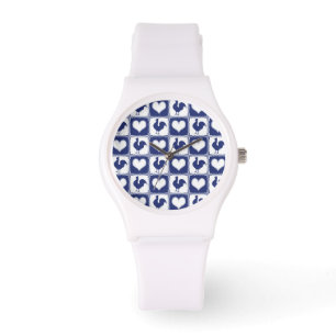 Montre Pays de coq et de coeur bleu et blanc de ferme