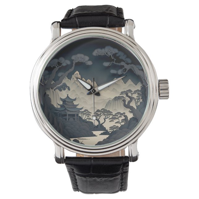 Montre Paysage Chinois encadré 3D gris (devant)