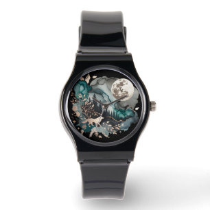 Montre Paysage de loup et lune or Turquoise