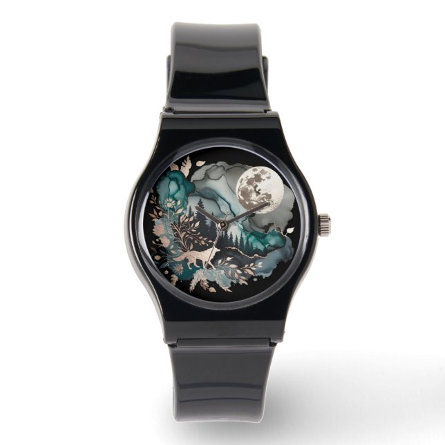 Montre Paysage de loup et lune or Turquoise (Recto)