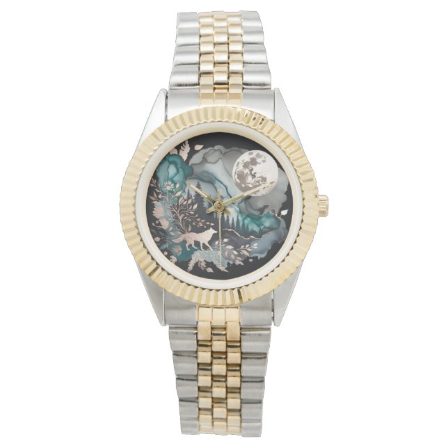 Montre Paysage de loup et lune or Turquoise (devant)