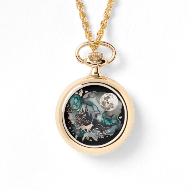 Montre Paysage de loup et lune or Turquoise (Recto)