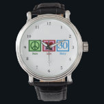Montre Peace Love 30e anniversaire mignonne fête<br><div class="desc">Une jolie montre du trentième anniversaire. Peace Love Thirty avec le chiffre 30 dans un joli bleu.</div>