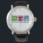 Montre Peace Love PT mignon physiothérapeute<br><div class="desc">Custom Peace Love Physical Therapy montre votre thérapeute de réadaptation préférée. Un signe de paix,  le coeur et les lettres PT font un grand cadeau pour un physiothérapeute dans votre cabinet ou bureau.</div>