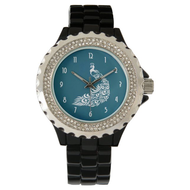 Montre Peacock blanc sur design Art déco chic Turquoise (devant)
