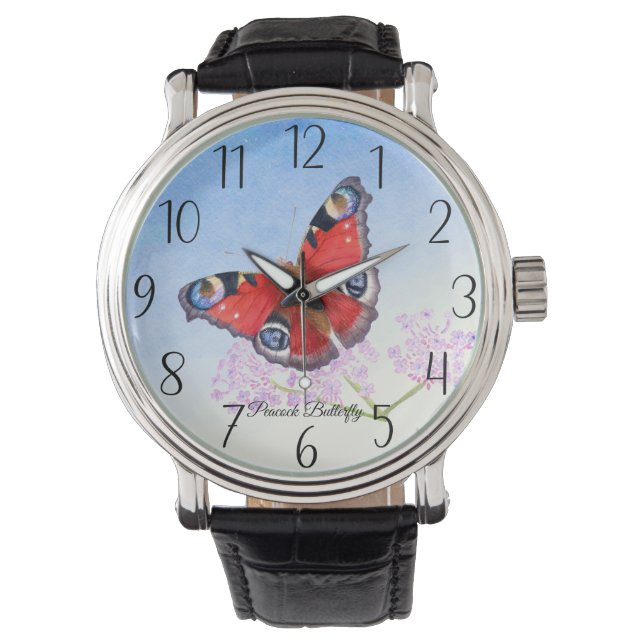 Montre Peacock Papillon Aquarelle Peinture (devant)