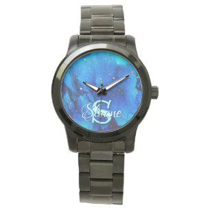 Montre Peinture à l'encre d'alcool sous-marine bleu profo