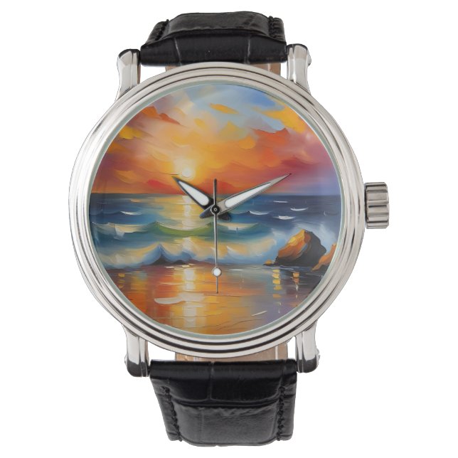 Montre Peinture à l'huile de couché de soleil orange sur  (devant)