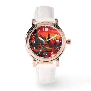 Montre Peinture coucher de soleil avec chalet et lac-6663
