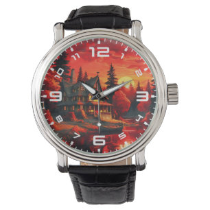 Montre Peinture coucher de soleil avec chalet et lac-6663