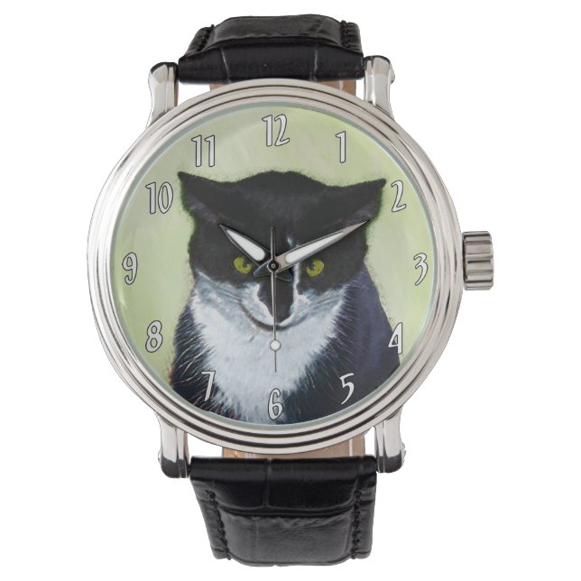 Montre Peinture de chat Tuxedo - Cute Original Cat Art (devant)
