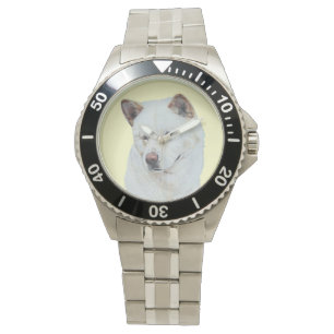 Montre peinture de portrait de chien d'akita blanc