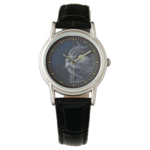 Montre Peinture grise aux yeux verts de chat