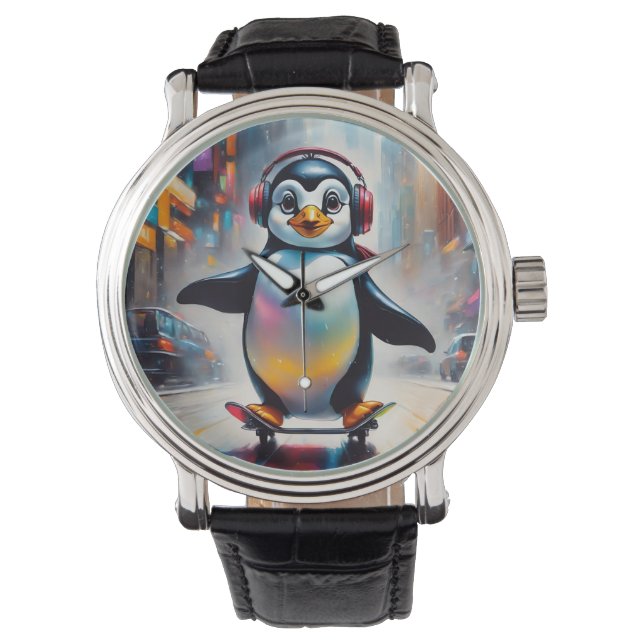 Montre Peinture numérique d'art pingouin cool (devant)
