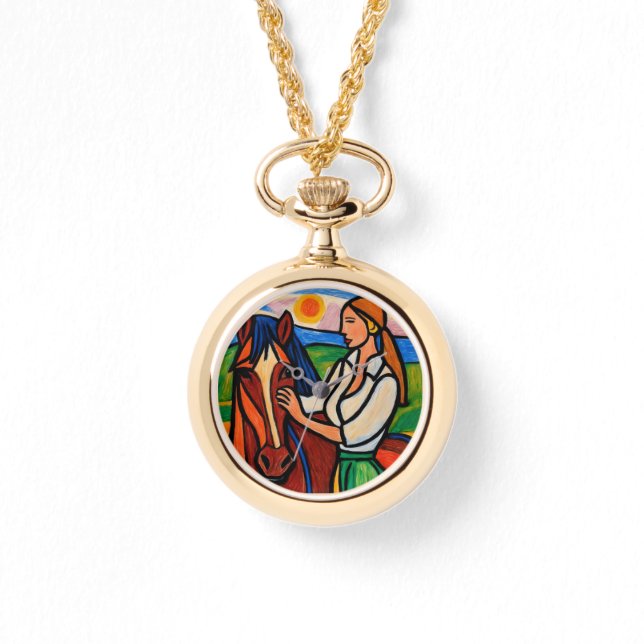 Montre pendentif femme et cheval de style crayon (Recto)
