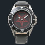 Montre Pentagram Red Devil<br><div class="desc">Pentagramme rouge,  inversé,  texturé en cercle,  sur arrière - plan noir. Symbole occulte 666</div>