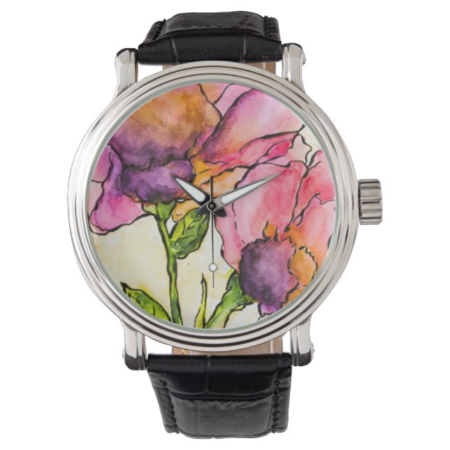Montre Peonées d'aquarelle de lavande et de pêche pourpre (devant)