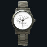 Montre Père de la mariée Monogramme gris Face blanche Mon<br><div class="desc">Montre classique noire personnalisée avec monogramme, nom et date. Cliquez pour personnaliser ce modèle pour le personnaliser avec le monogramme initial, le nom et la date de mariage rapidement et facilement. Montre noire à face blanche avec monogramme gris pour le père de la mariée, qui fait partie de la collection...</div>