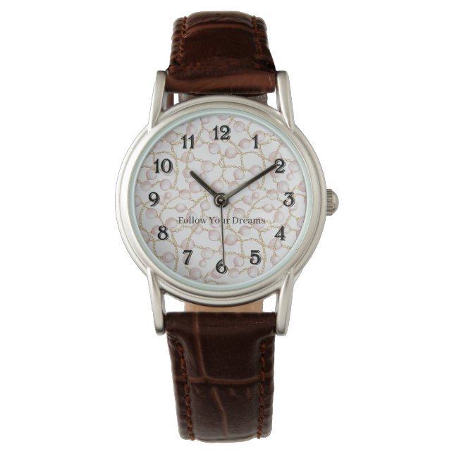 Montre Perles roses Chaîne en or   (devant)
