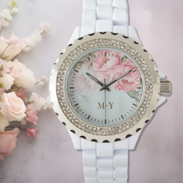 Montre Personalized Blush Peony Floral Monogram Women’s (Créateur téléchargé)