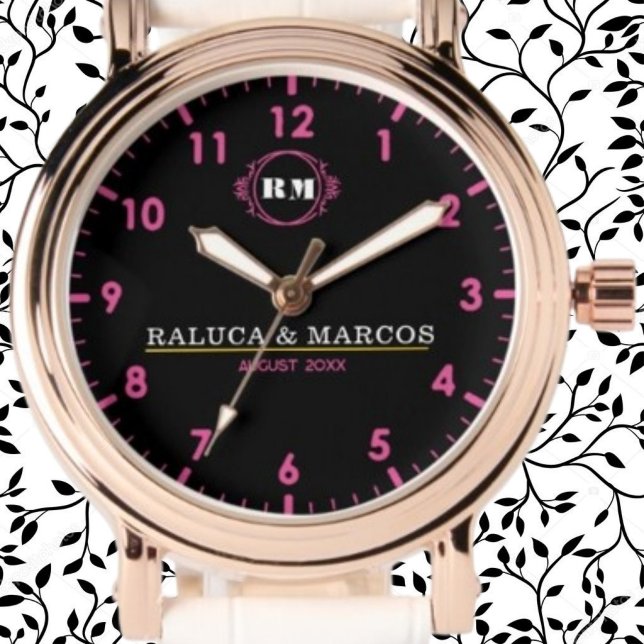 Montre Personalized couple names monogram pink black (Créateur téléchargé)
