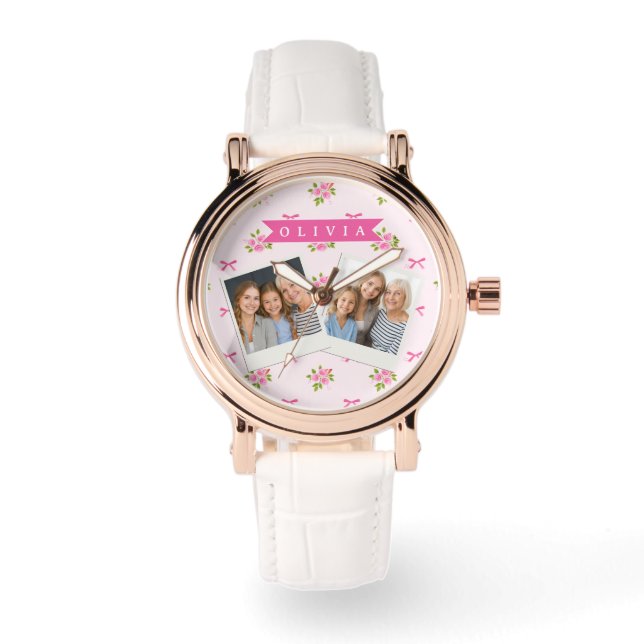Montre Personalized Pink Coquette Girly Bow Floral Name (Recto)