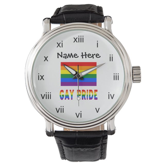 Montre Personnalisation en noir gay pride arc-en-ciel (devant)