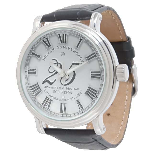 Montre Personnalisé 25 Anniversaire Mariage Argent (Incliné)
