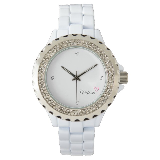Montre Personnalisé Filles Nom Je t'aime Coeur Mode Blanc (devant)