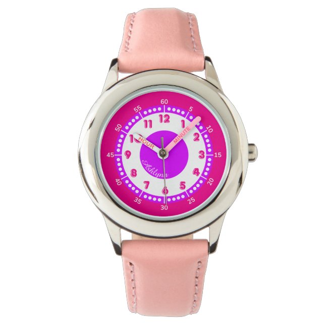 Montre Personnalisé Joli Rose & Purple Fille Temps Enseig (devant)