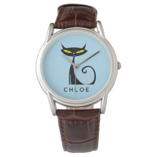 Montre Personnalisé Retro Mid Century moderne Chat noir a