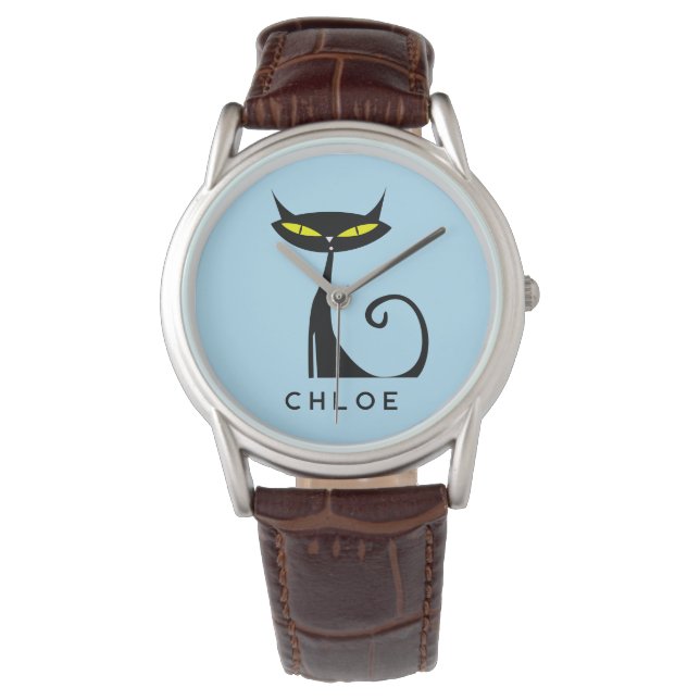 Montre Personnalisé Retro Mid Century moderne Chat noir a (devant)