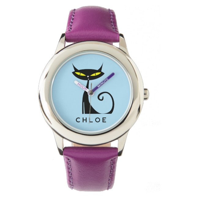 Montre Personnalisé Retro Mid Century moderne Chat noir a (devant)