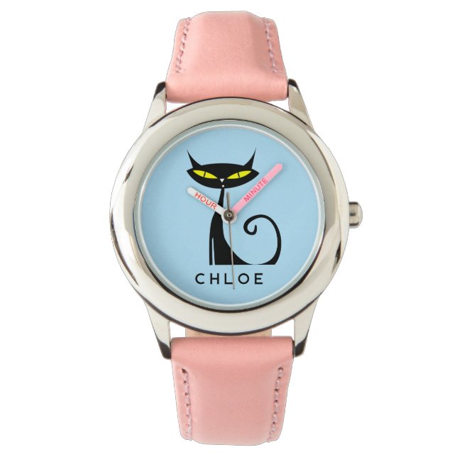 Montre Personnalisé Retro Mid Century moderne Chat noir a (devant)
