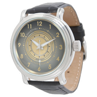 Montre personnalisée en cuir noir élégant or et ar