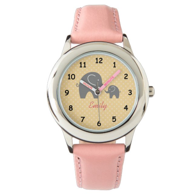 Montre Personnalisée, petite fille d'éléphant rose gris (devant)