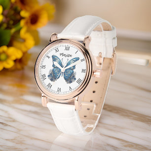 Montre Personnaliser le nom Elegant Blue Butterfly Womens