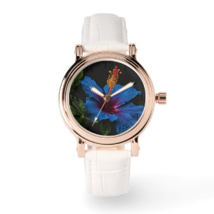 Montre Pétales bleus : Fleur d'Hibiscus Bleu en Fleurs,