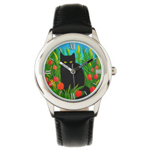 Montre Petit chat noir dans un jardin de tulipes