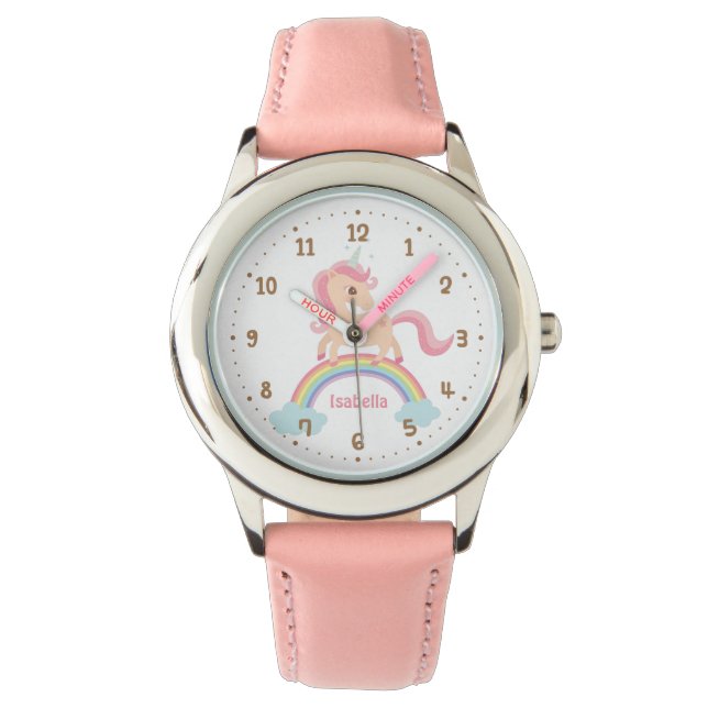 Montre Petit licorne avec étoile sur Rainbow Pink Watch (devant)