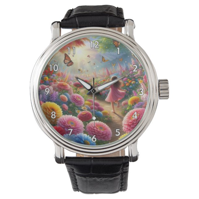Montre Petite fille dans un champ de fleurs et de papillo (devant)