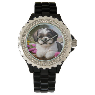 Montre Petite Tzu Chiot Panier Fleurs