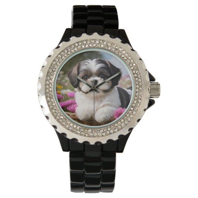 Montre Petite Tzu Chiot Panier Fleurs (devant)